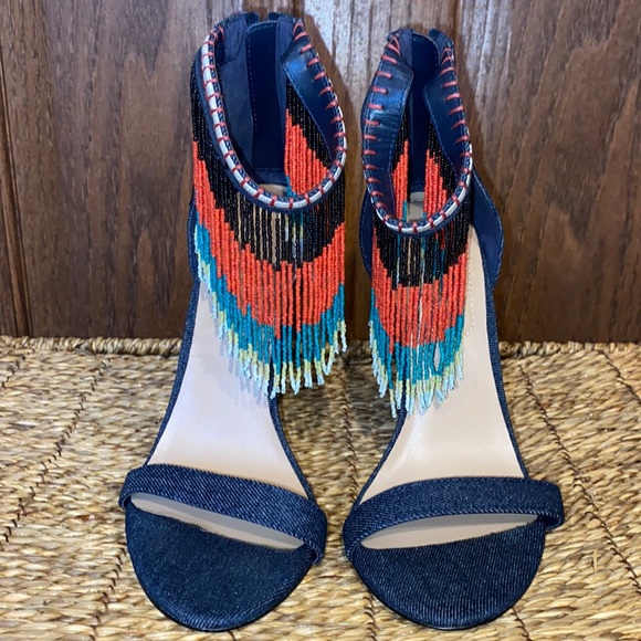 ALDO Back Zip Franssie Beaded Denim Fringe- 4.5” Stiletto Heels-Women’s size 7 - Picture 2 of 12